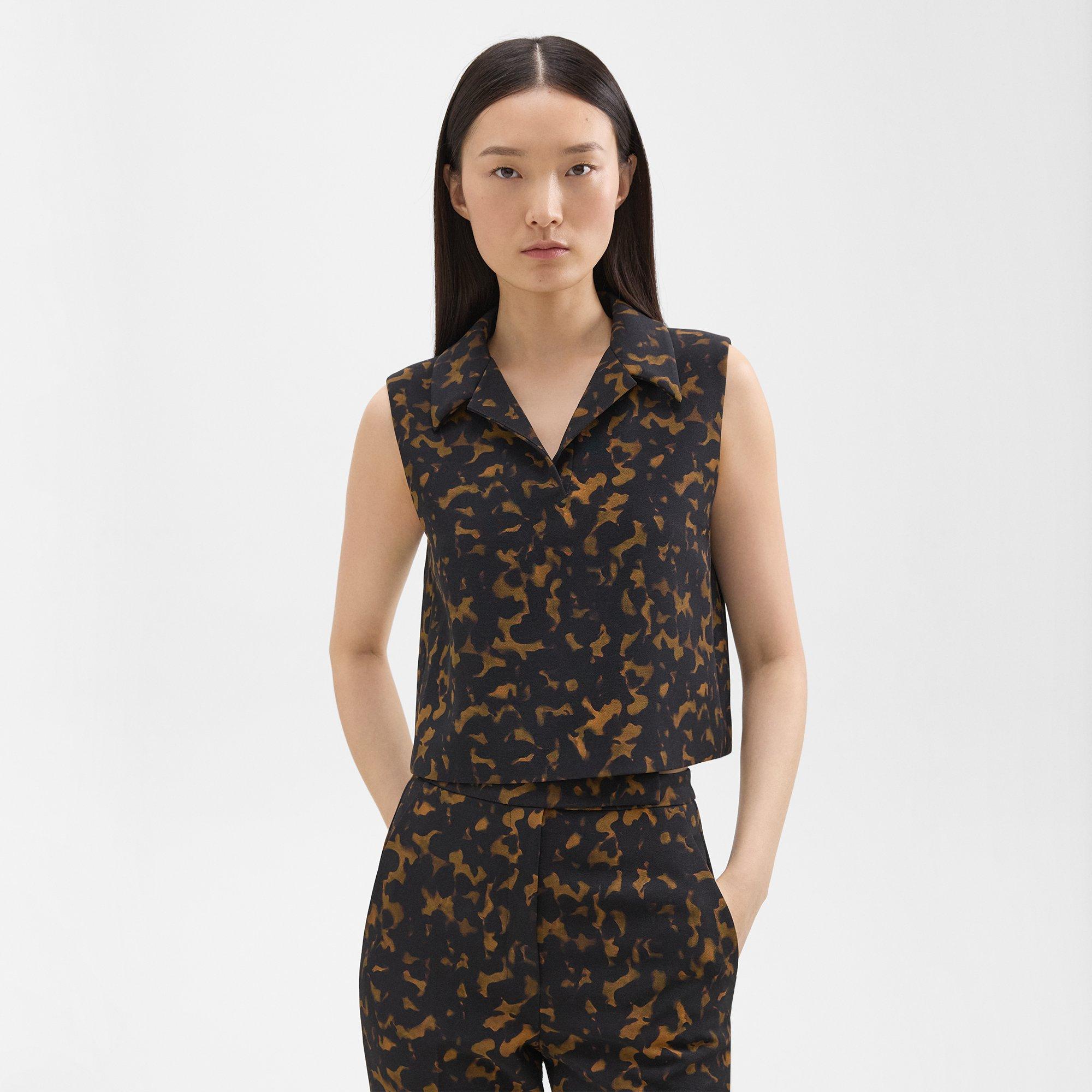 Tortoiseshell Printed Crepe Cropped Sleeveless Polo | Theory