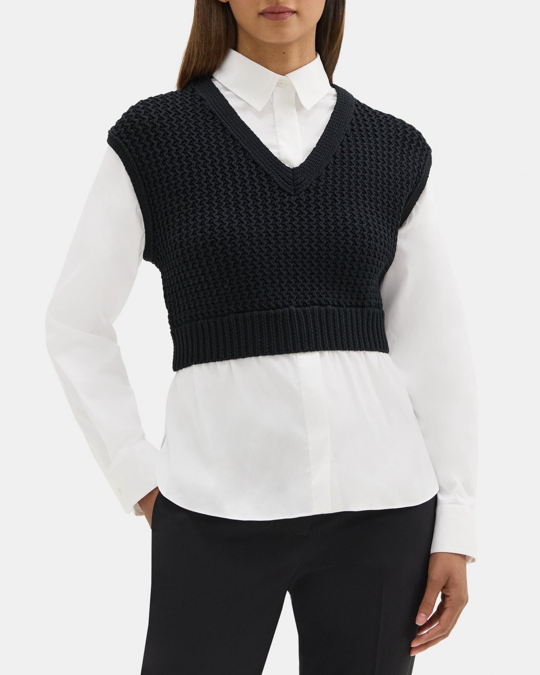 띠어리 Theory Layered Sweater Vest Shirt in Cotton-Blend,BLACK/WHITE