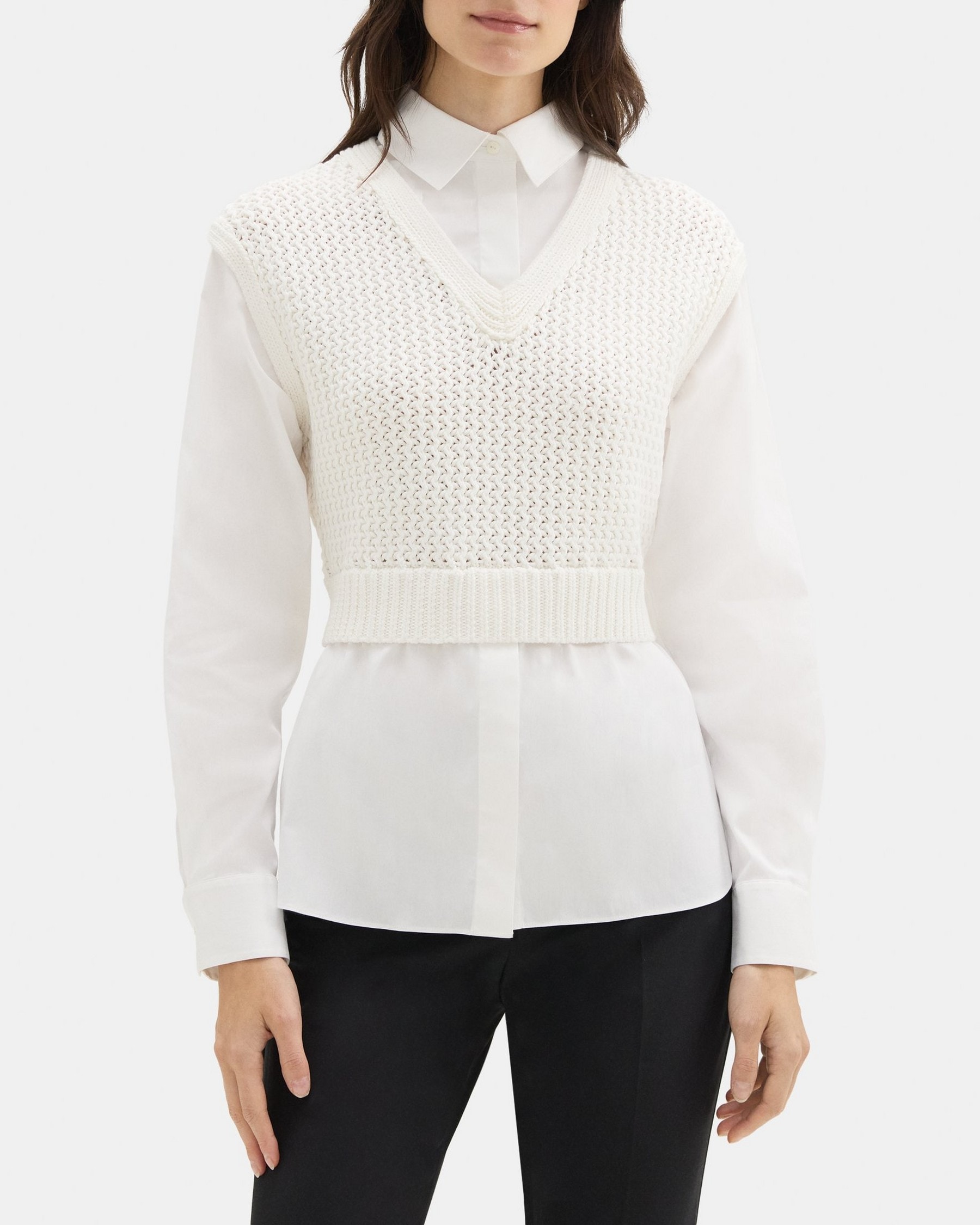 띠어리 Theory Layered Sweater Vest Shirt in Cotton-Blend,WHITE/WHITE