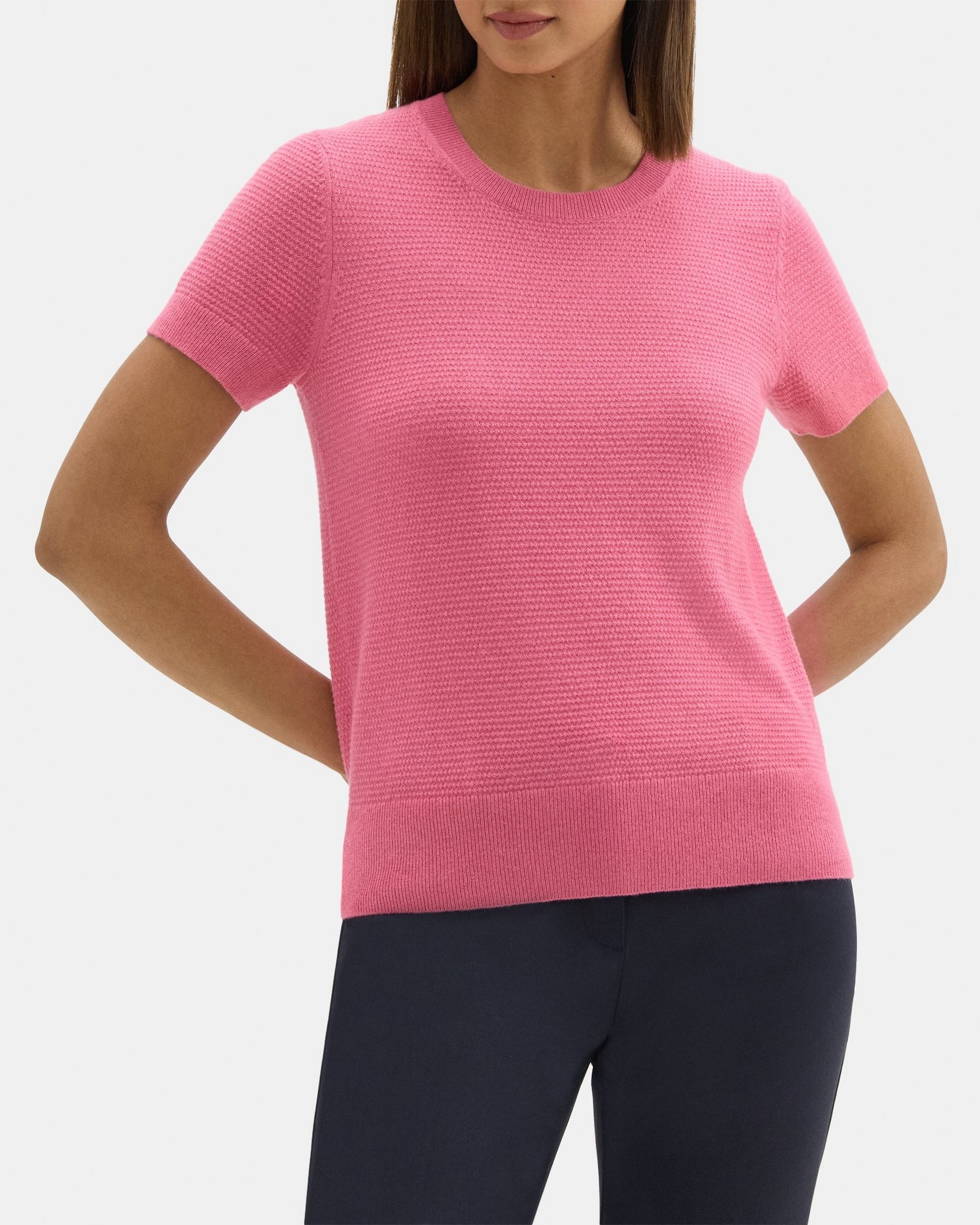 띠어리 Theory Short-Sleeve Sweater in Cashmere,PINK ORCHID