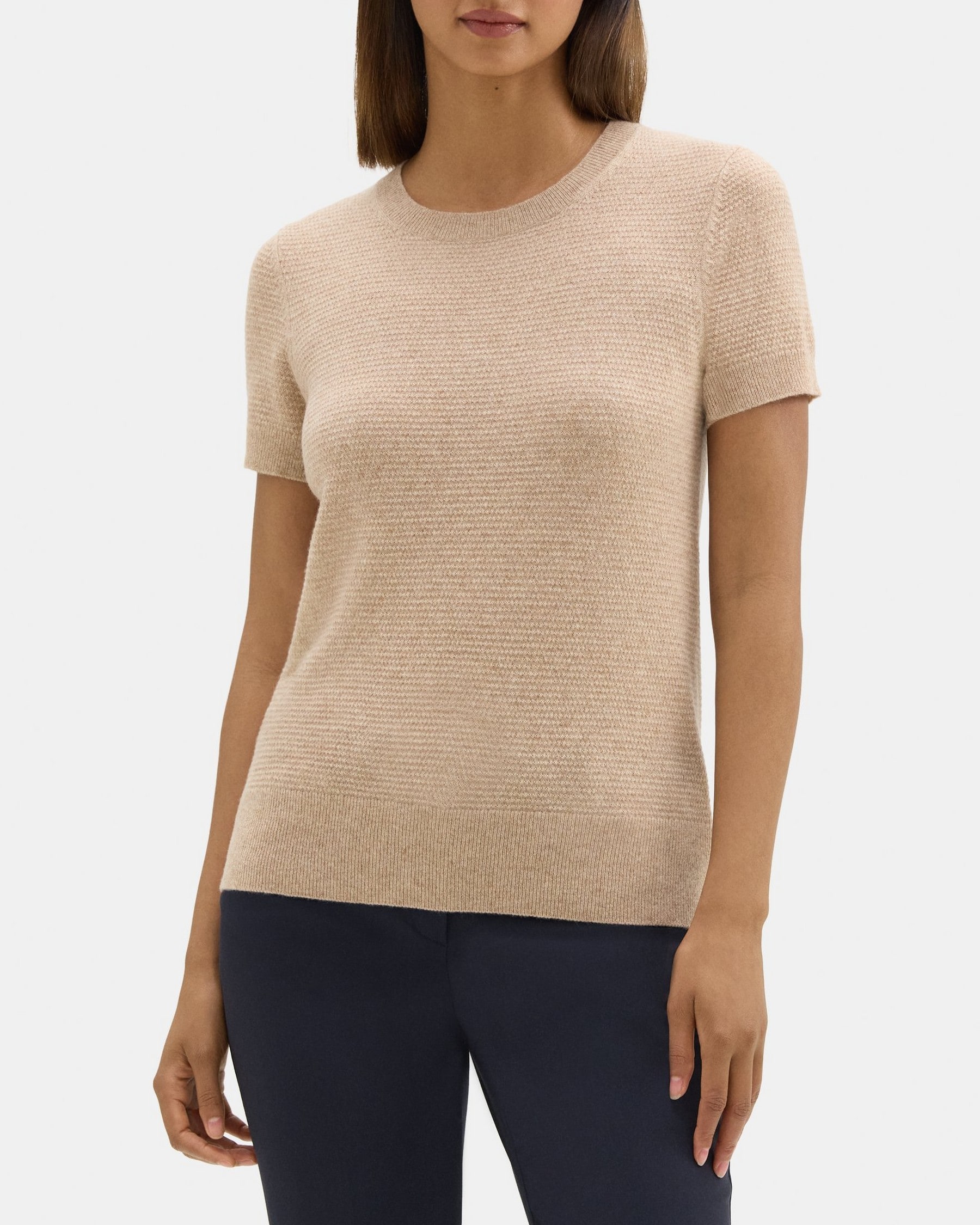 띠어리 Theory Short-Sleeve Sweater in Cashmere,SANDSTONE MOULINE