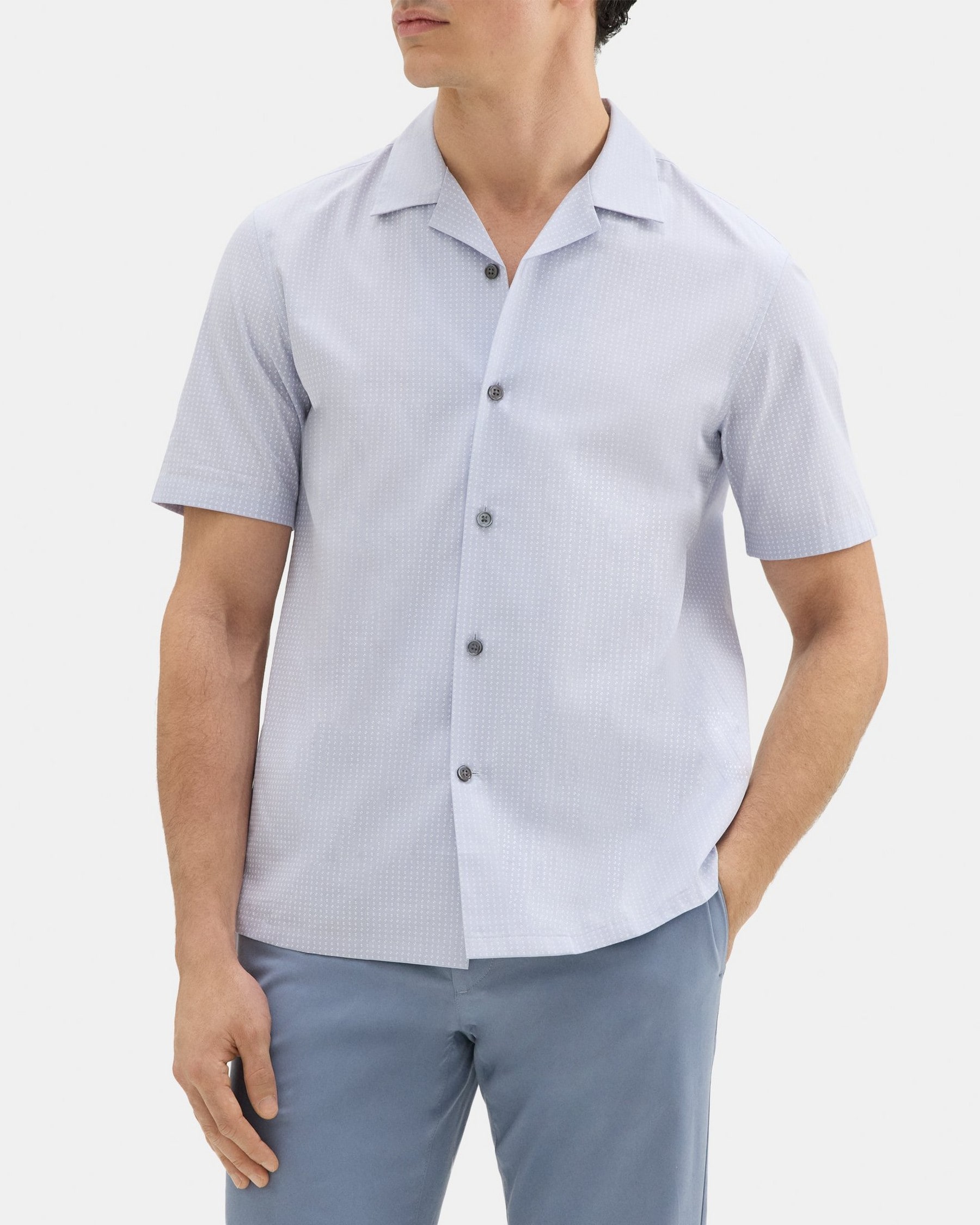 띠어리 Theory Short-Sleeve Camp Shirt in Cotton,PEARL BLUE/WHITE