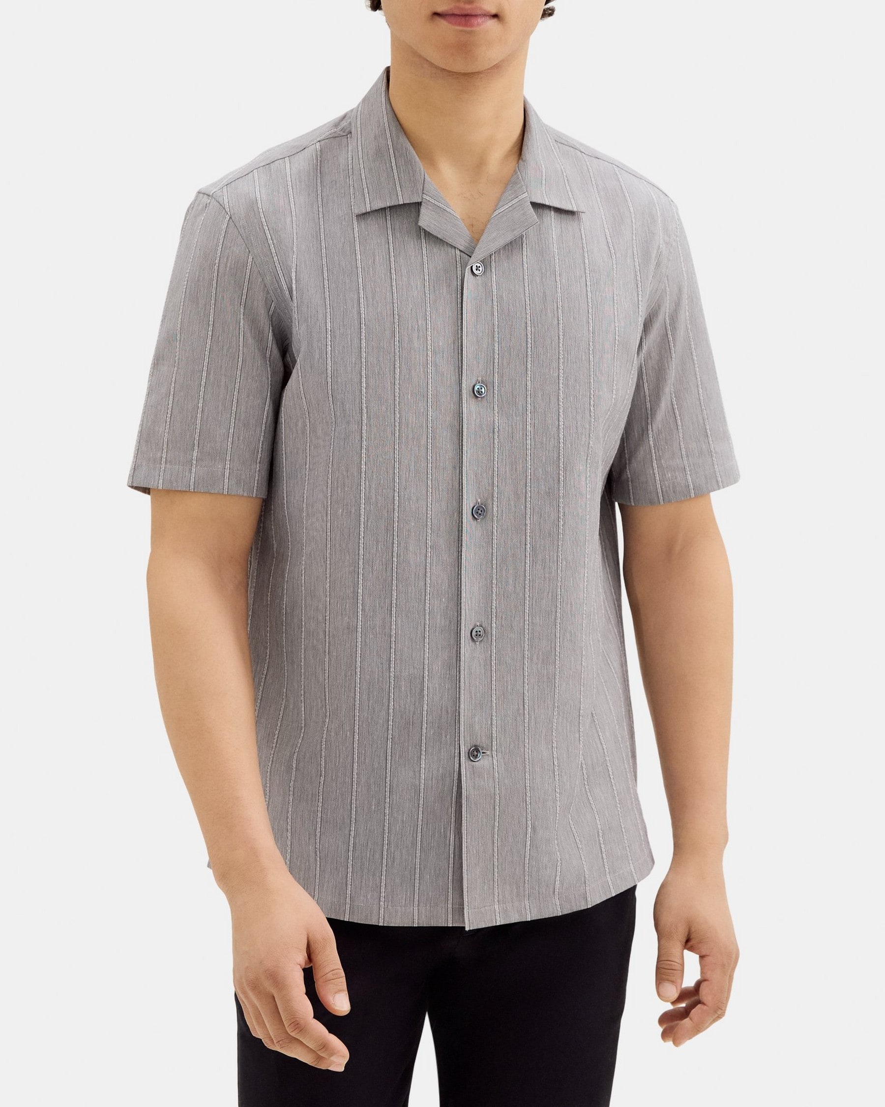 띠어리 Theory Short-Sleeve Camp Shirt in Textured Cotton-Blend,BLACK/WHITE