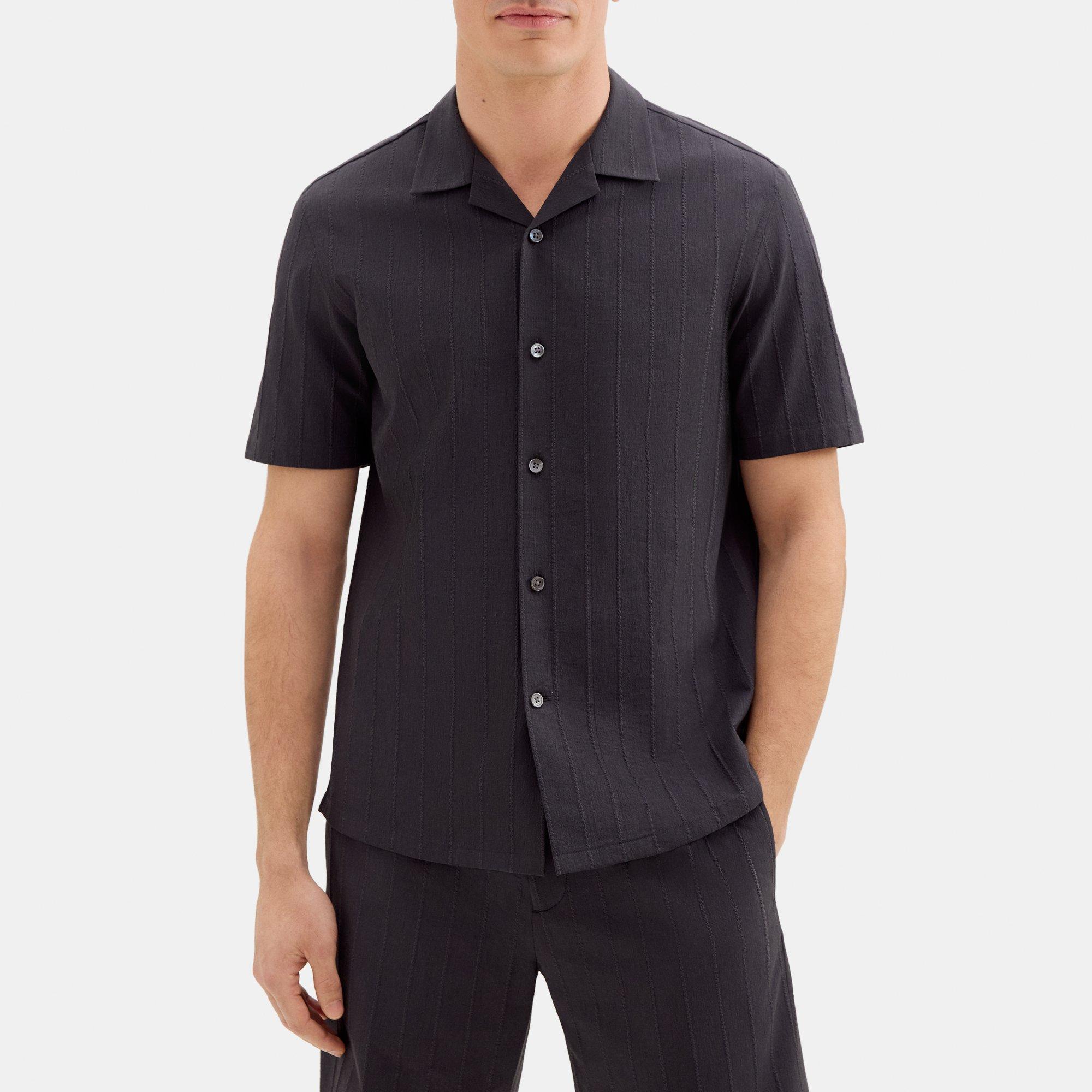 띠어리 Theory Short-Sleeve Camp Shirt in Textured Cotton-Blend,BLACK/PEWTER