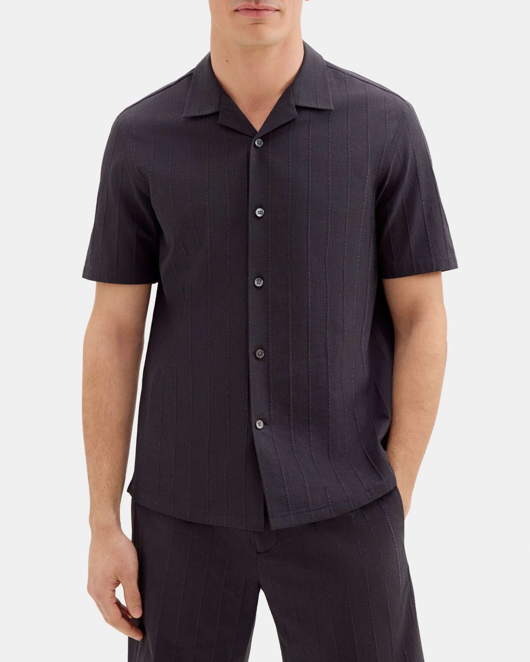 띠어리 Theory Short-Sleeve Camp Shirt in Textured Cotton-Blend,BLACK/PEWTER