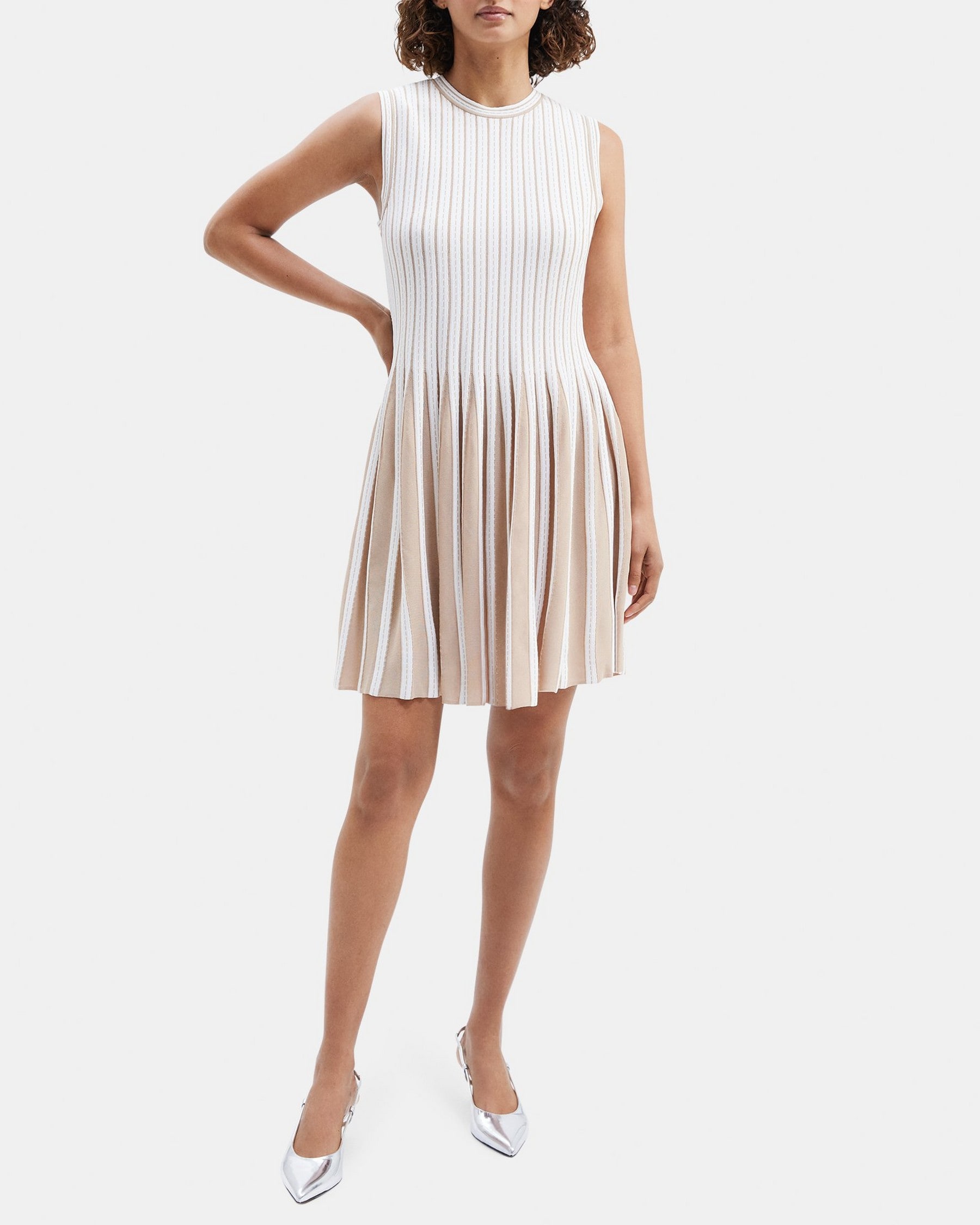 띠어리 Theory Striped Pleat Dress in Compact Stretch Knit,WARM KHAKI/POWDER