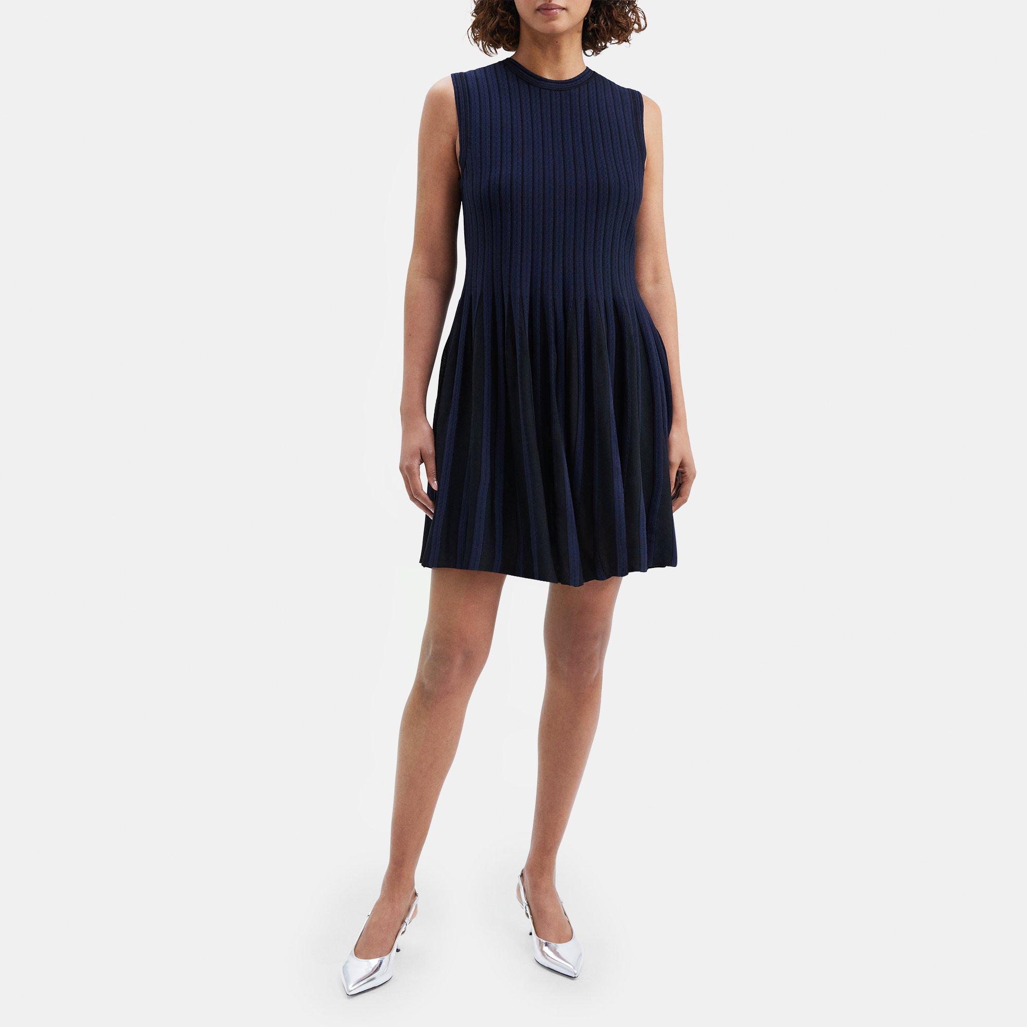 띠어리 Theory Striped Pleat Dress in Compact Stretch Knit,BLACK/NAVY