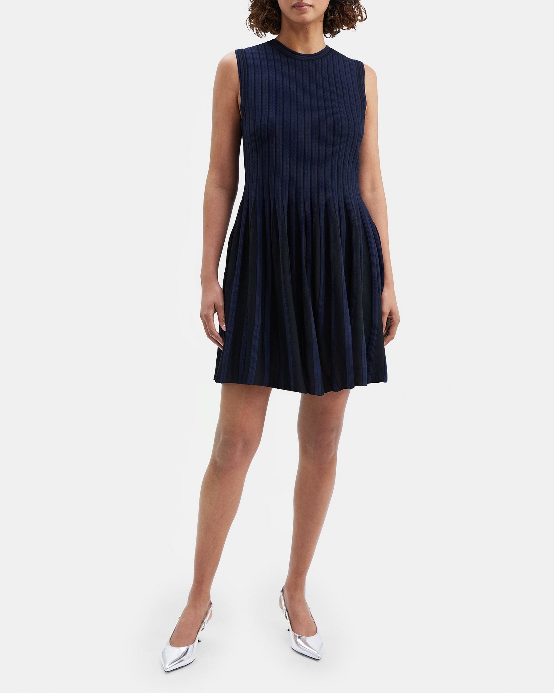 띠어리 Theory Striped Pleat Dress in Compact Stretch Knit,BLACK/NAVY