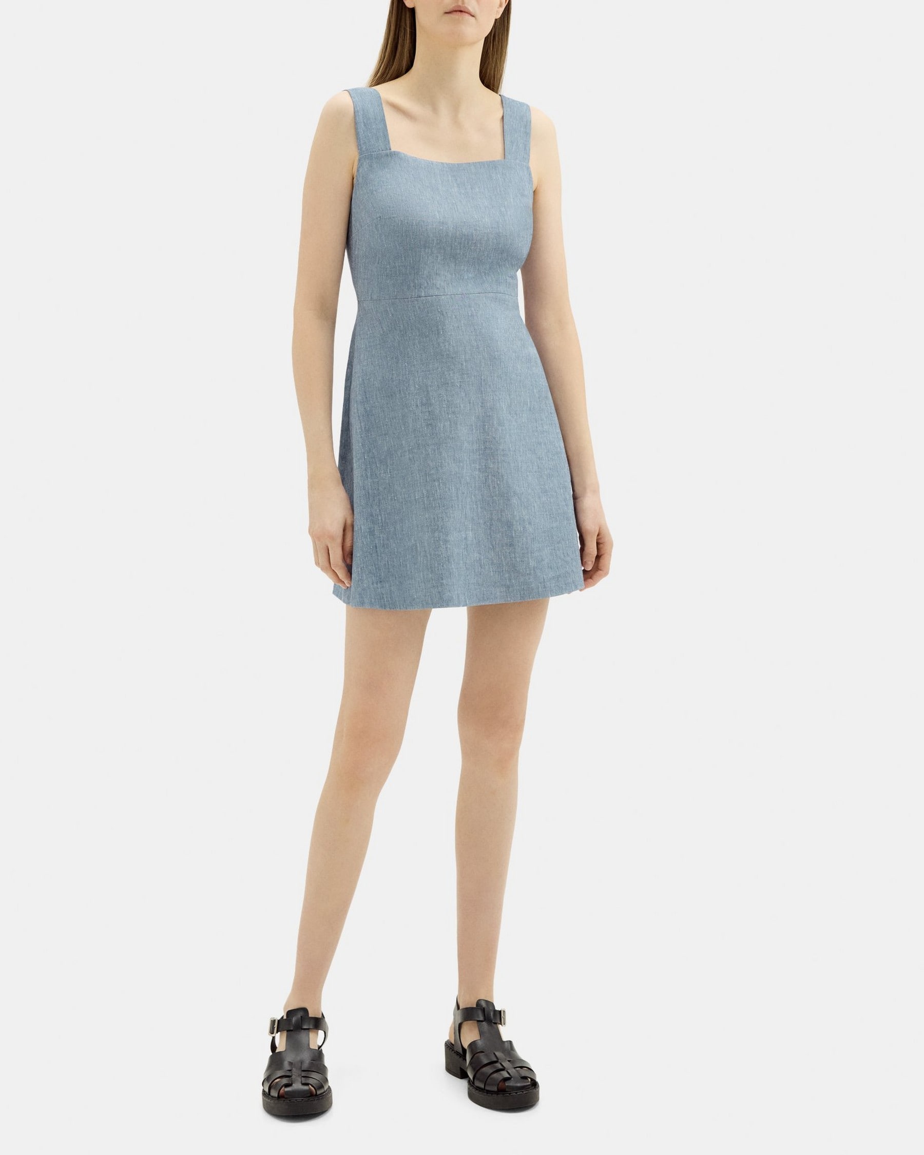 띠어리 Theory Fit-and-Flare Mini Dress in Stretch Linen Melange,BLUE MELANGE