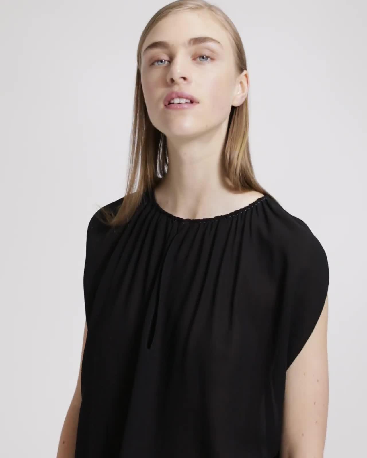 Silk Gathered Slit Neck Short-Sleeve Top