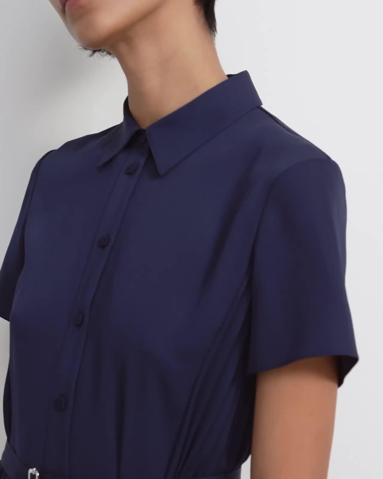 Pleated Short-Sleeve Shirtdress in Satin Crepe
