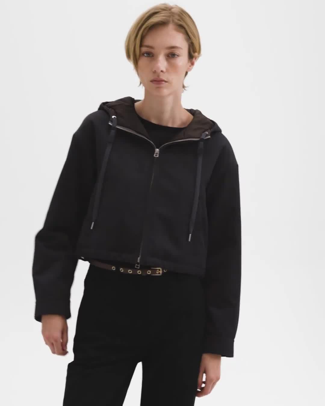 Cropped Zip-Up Hoodie in Wool-Blend Twill