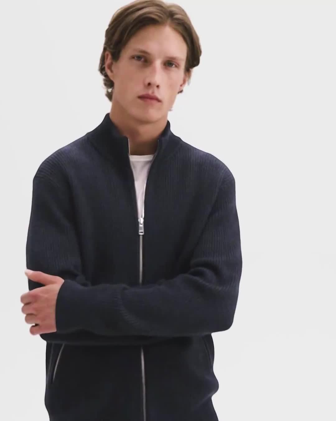 Ribbed Zip-Up Cardigan in Merino Wool