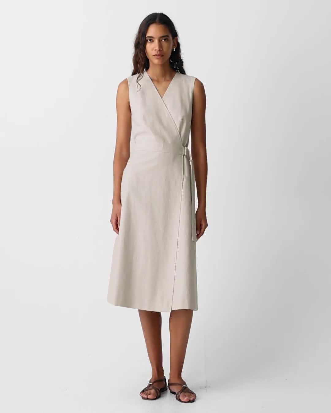 Sleeveless A-Line Wrap Dress in Striped Canvas