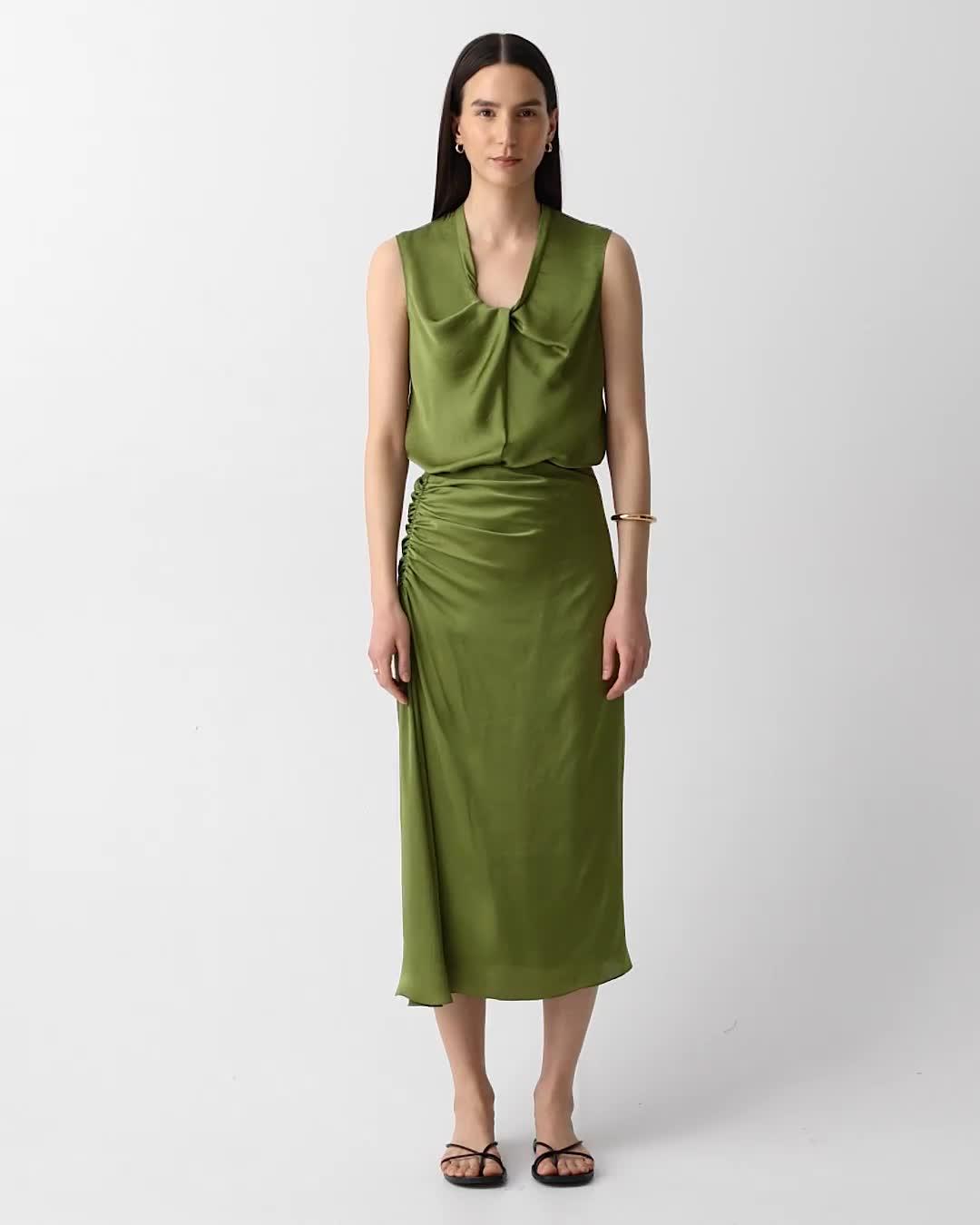 Ruched Midi Skirt in Crushed Satin