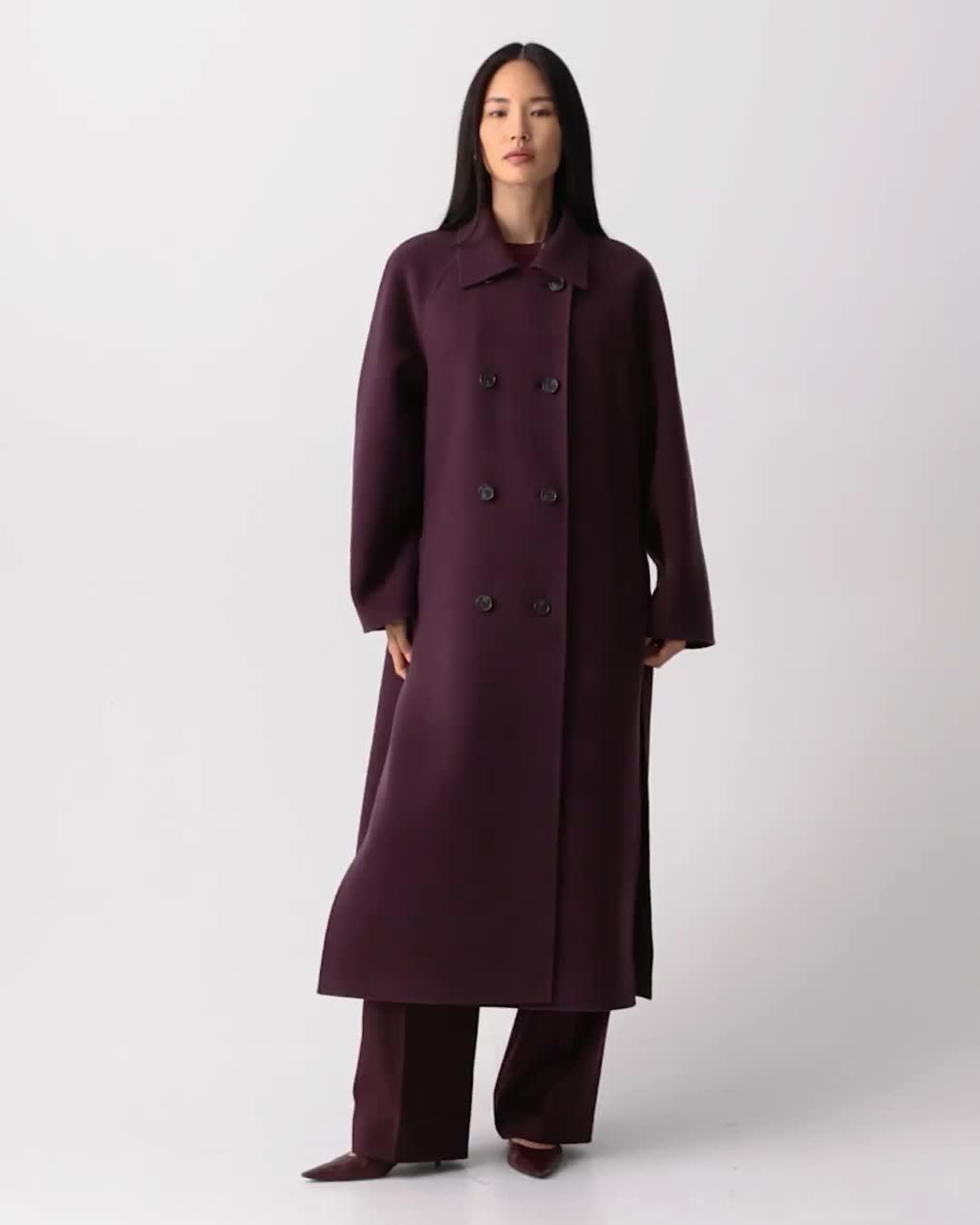 Plum Long Double-Breasted Coat in Textured Wool-Cashmere | Women's