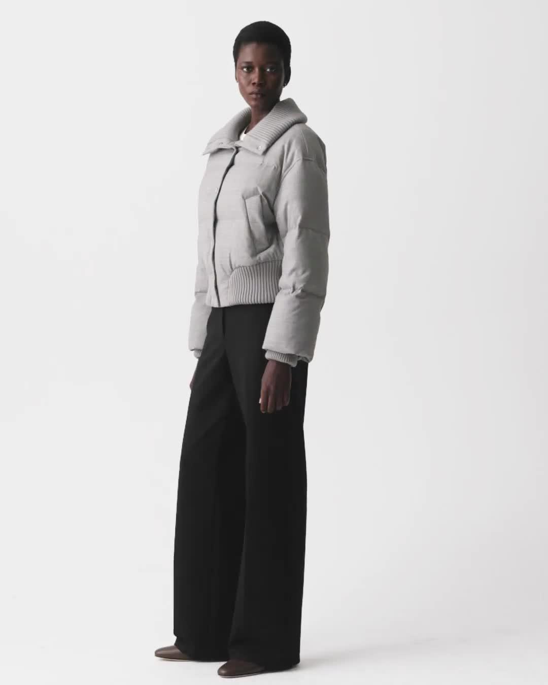New Light Heather Collared Puffer Jacket in Stretch Flannel