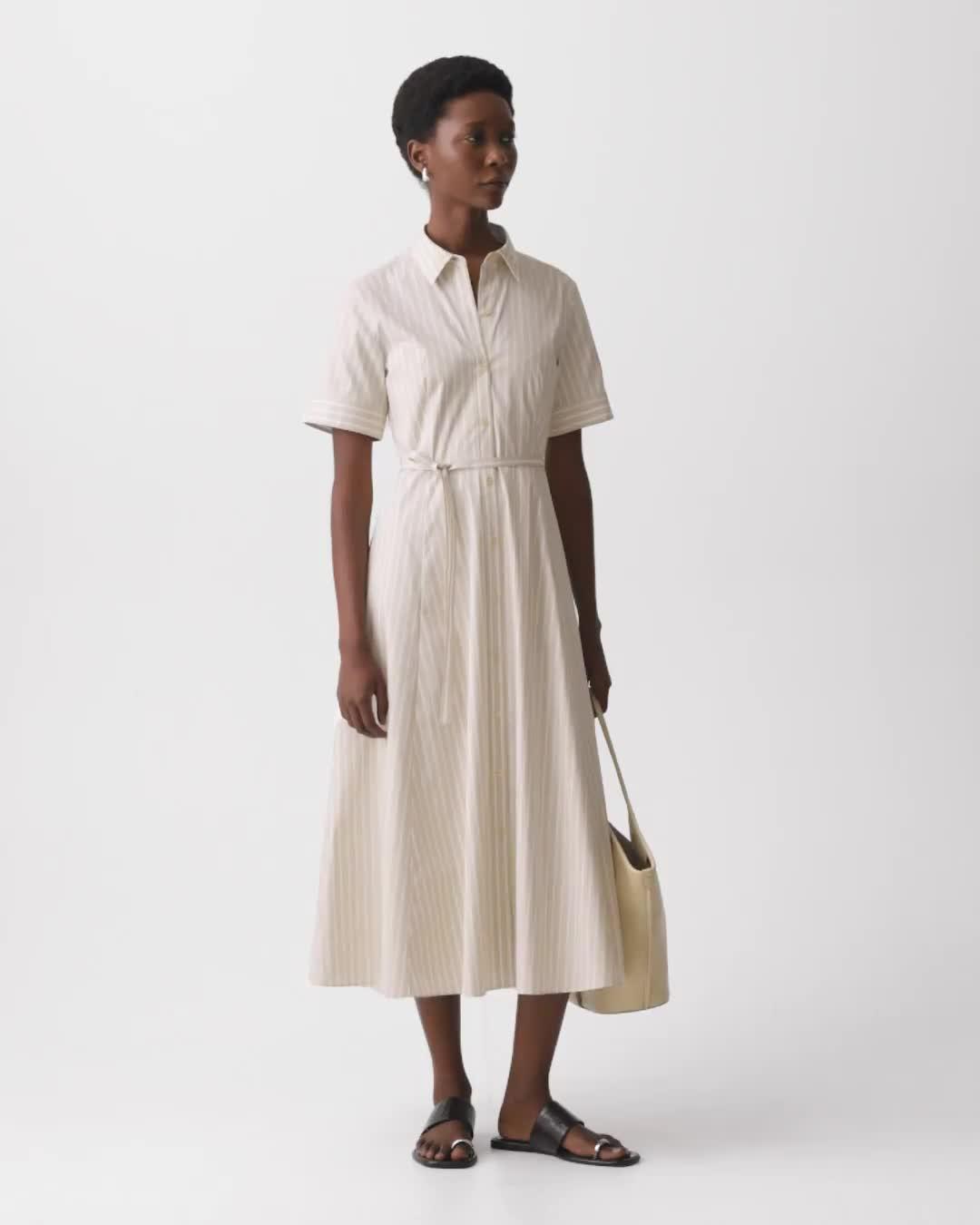 Belted Shirt Dress in Striped Cotton-Blend