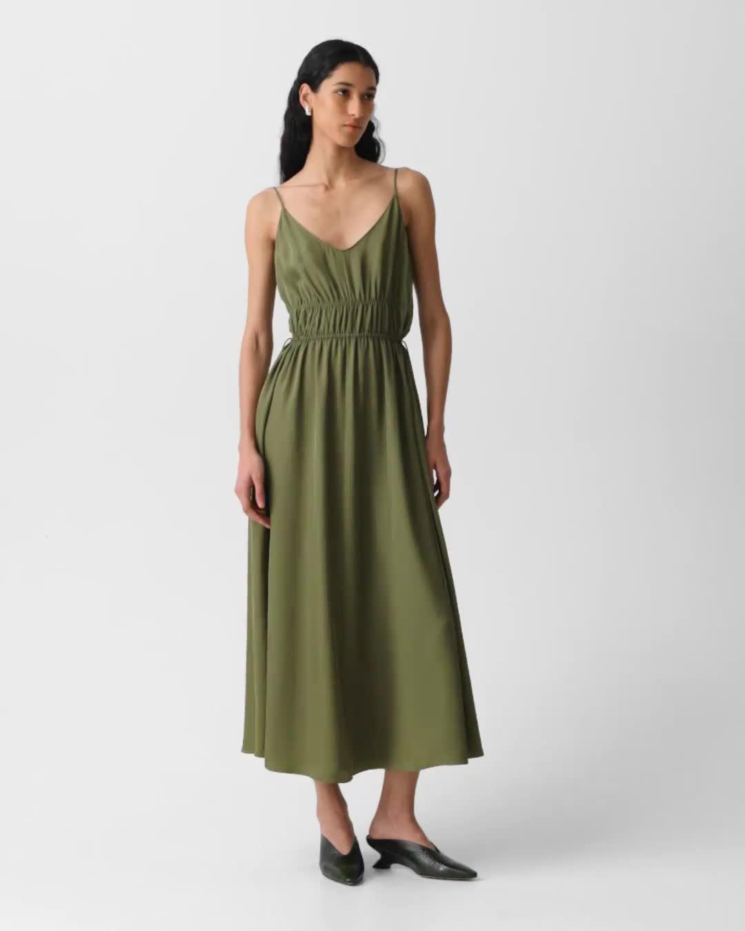 Gathered V-Neck Dress in Washed Twill