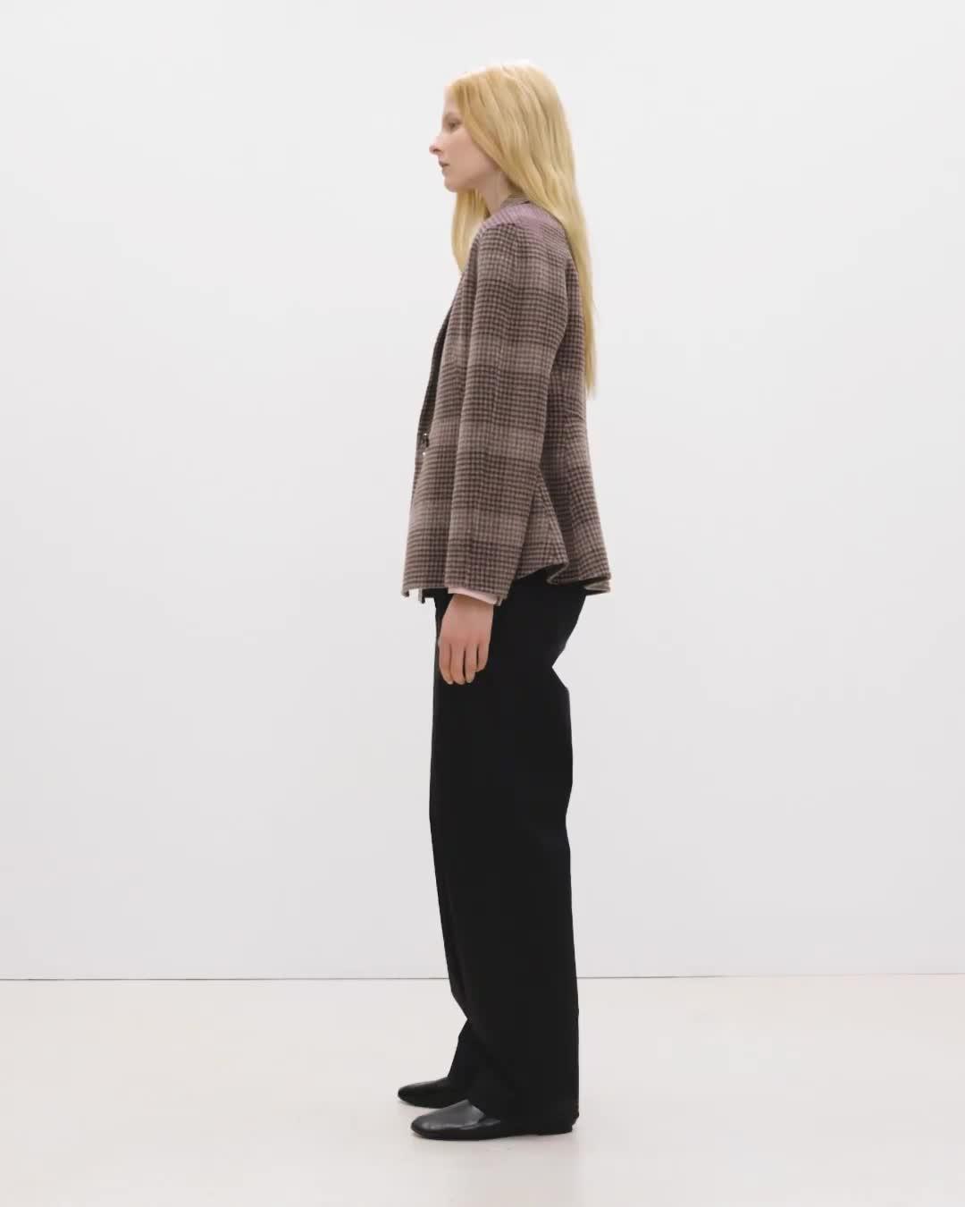 Peplum Double-Breasted Blazer in Plaid Wool-Cashmere